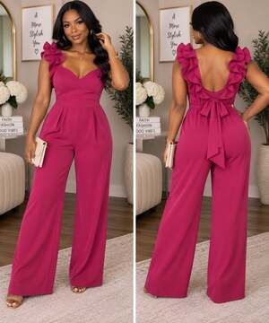 Sugar + Lips Fuchsia Ruffle Wide Leg Jumpsuit Open Back Size Medium